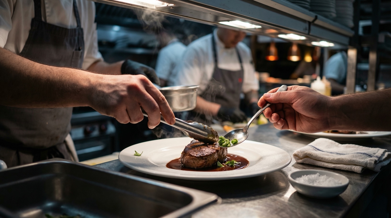 A chef plating a dish in a professional kitchen
