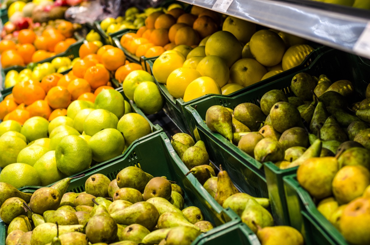 Fresh fruit and vegetables on display at a local grocer.